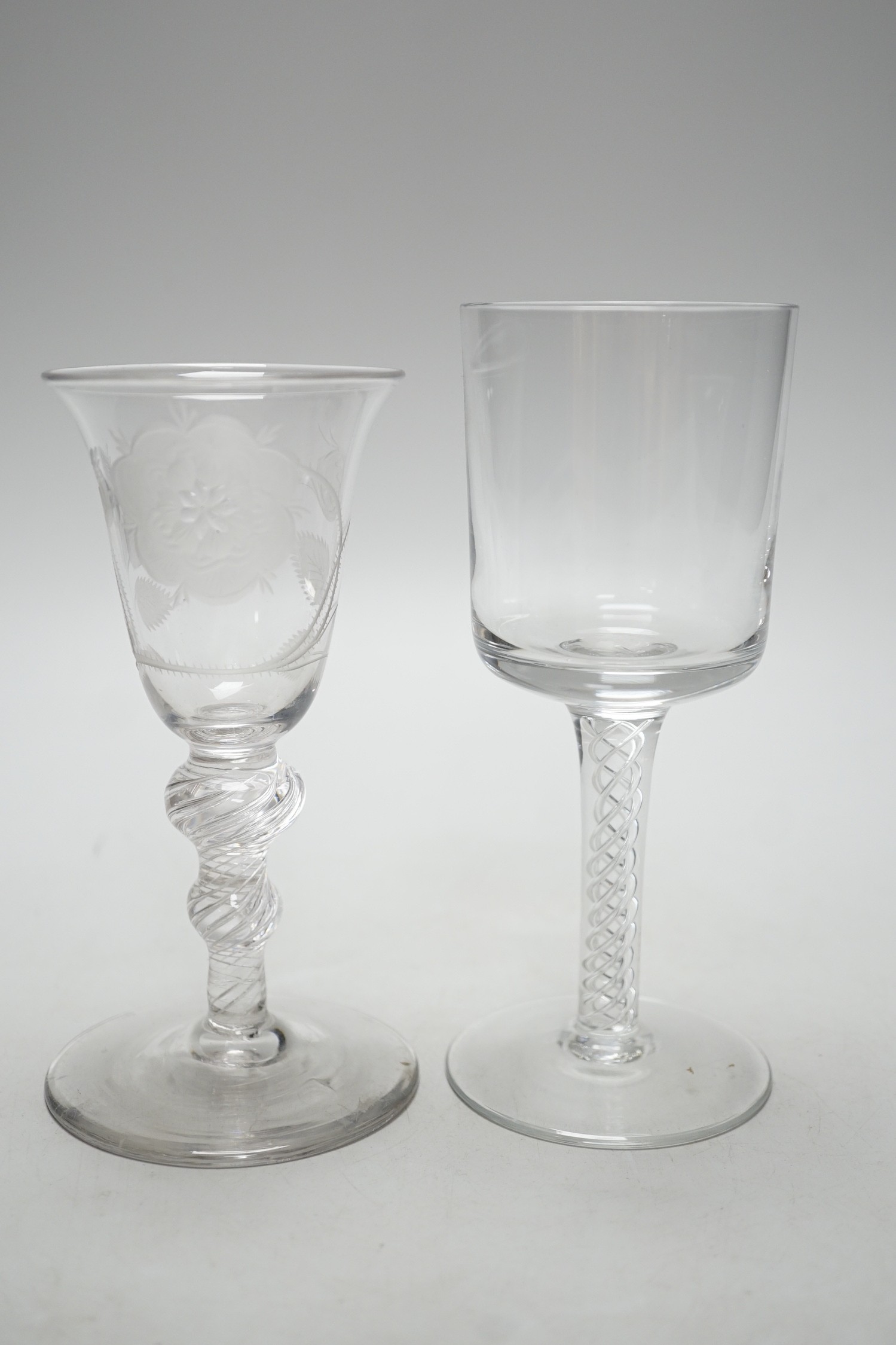 Two airtwist stem glasses, one in Jacobite style (2), tallest 16cms high